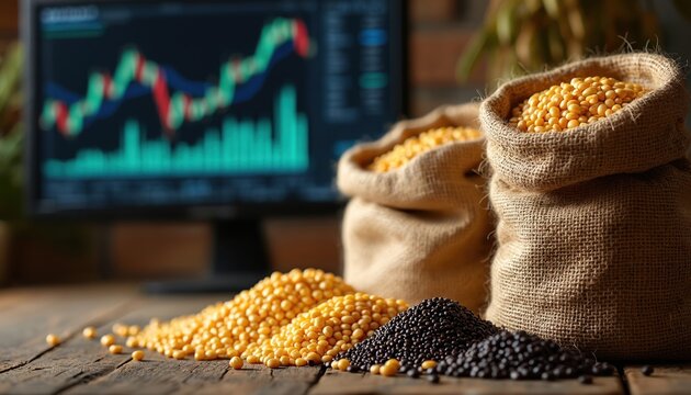 Sacks of yellow and dark grains sit on a wooden table. A computer screen displays a financial chart. Agriculture and commodity trading concepts are visualized.