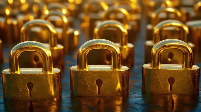 A row of shiny gold locks with keys are displayed. The locks are made of gold and silver, and the keys are also gold. The locks are arranged in a row