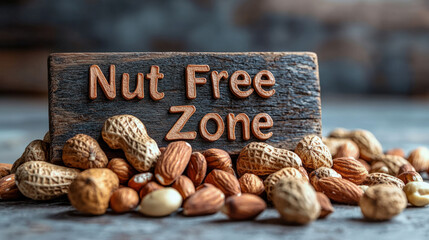 Wooden sign with carved text "Nut Free Zone" surrounded by scattered peanuts and almonds