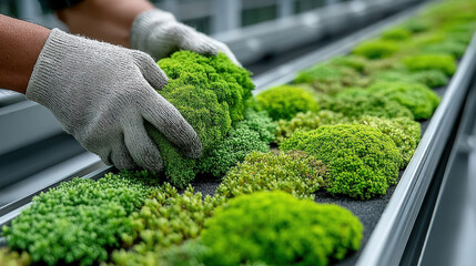 Worker applying green roof vegetation layer
