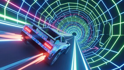 Neon speedway: A futuristic car races through a vibrant tunnel of light and energy