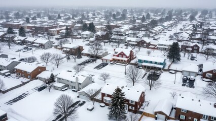 Residential neighborhood in winter under a blanket of snow with trees and houses covered with snow