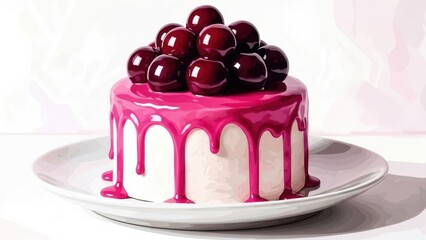Delicious white cake with pink icing and cherries on top