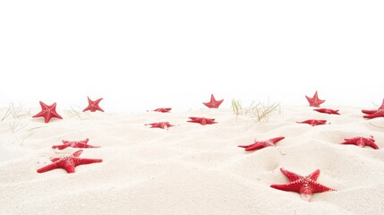 Scattered red starfish on sandy beach