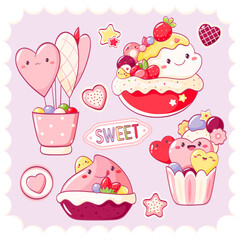Set of stickers with cute dessert in kawaii style. Cake, muffin, cupcake with whipped cream and strawberry. Can be used for t-shirt print, sticker, greeting card. Vector EPS8