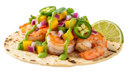Shrimp taco with mango salsa jalape?o and avocado crema on tortilla diced mango