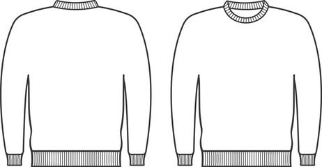 Black outline technical drawing of a blank sweatshirt with front and back views. Simple minimal illustration ideal for fashion flats, clothing design, branding, print-on-demand, and apparel