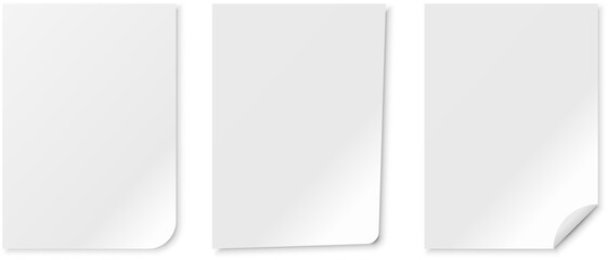 Set of realistic white paper sheets mockup featuring soft shadows, rounded edges, and folded corner. Perfect for graphic design, corporate identity, advertising, brochures, and creative presentations.