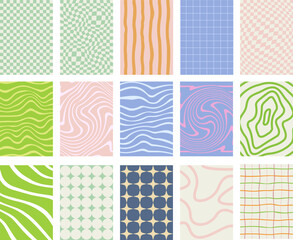 Set of abstract colorful geometric and wavy patterns in pastel tones. Modern decorative backgrounds ideal for branding, packaging, web design, and social media.