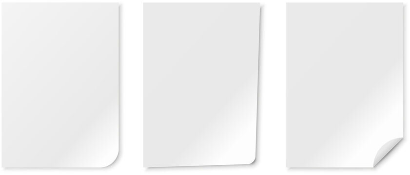 Set of realistic white paper sheets mockup featuring soft shadows, rounded edges, and folded corner. Perfect for graphic design, corporate identity, advertising, brochures, and creative presentations.
