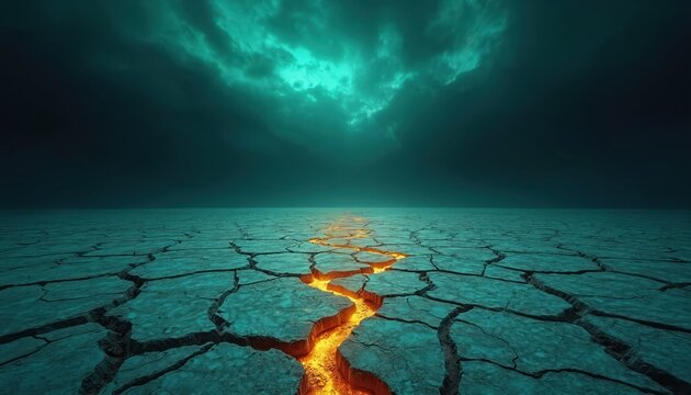 Cracked earth surface glows with molten lava under ominous teal sky. Global warming and climate change theme. Arid landscape evokes doomsday or fantasy setting.
