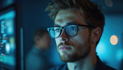 Young man with glasses works on computer screen in dim office. Programmer stares at data charts, code. Tech worker focused, deep in thought, concentrating on digital information display, late night