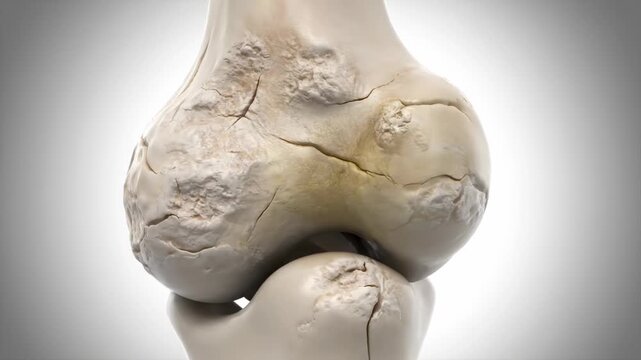 Close-up view of a severely damaged and cracked knee joint, illustrating advanced bone degeneration and arthritis.