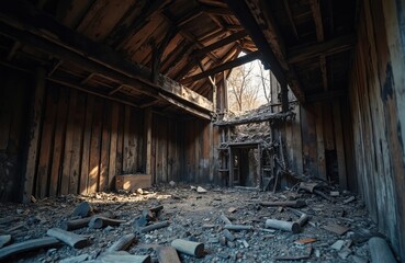 Naklejka premium Interior of derelict wooden building with collapsed roof timbers. Debris litters floor, walls blackened from fire. Dilapidated structure, scene of destruction, aftermath.