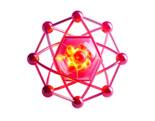 Glowing red geometric structure with a cluster of spheres at the center