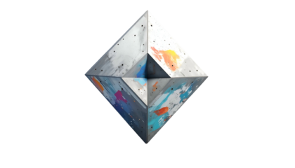 Floating geometric shape with painted sections and a dark background