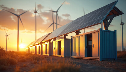 Fototapeta premium Battery containers with solar panels and wind turbines at sunset. Renewable energy storage system for sustainable power supply. Clean energy infrastructure in rural landscape.