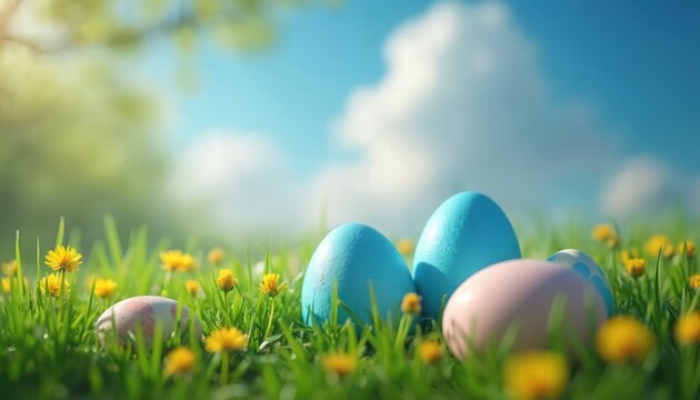 Colored Easter eggs rest on vibrant green grass dotted with yellow flowers. Bright blue sky with fluffy white clouds forms background, creating cheerful spring atmosphere perfect for holiday