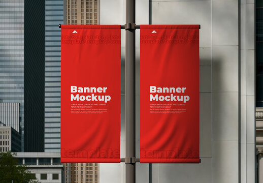 Double Vertical Banner Mockup in Front of Glass Wall for Commercial Branding Display