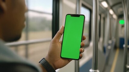 Man scrolling on a smartphone while commuting on a train, representing modern mobile lifestyle, digital connectivity, and everyday technology use.