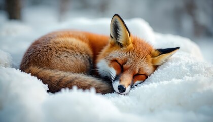Red fox sleeps soundly curled up on soft white snowdrift. Adorable wild animal rests peacefully in winter wonderland nature scene. Cute mammal snuggles in frosty cold environment.