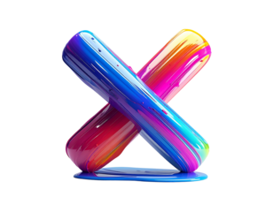 Colorful, glossy "X" shape formed by painted, layered, intersecting cylinders