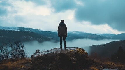 A lone figure stands on a rocky outcropping, looking out over a vast, misty valley.