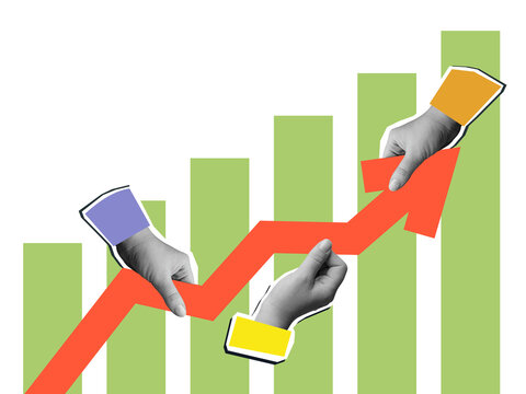 Black and white hands pull the red arrow up with a green growth graph on a background. Modern collage style. Illustration on a transparent background