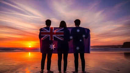 Three friends holding australian flags on a beach at sunset patriotism and friendship concept