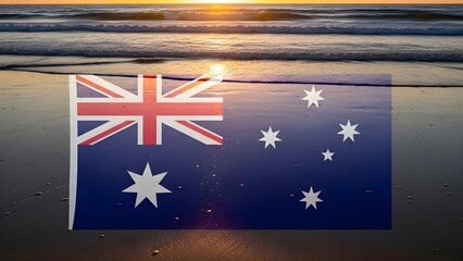 Australian flag on a beach at sunset symbolizing national pride and patriotism with a serene ocean background