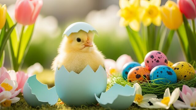 Yellow baby chick hatching from blue egg shell in flower garden with spring tulips and colorful speckled eggs in nest creating beautiful nature scene for easter holidays