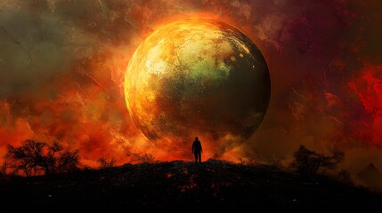 A lone figure stands silhouetted against a fiery orange sky and a large planet.