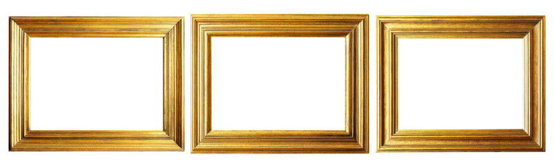 three golden picture frames on white background