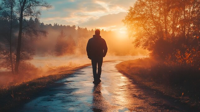 A lone figure walks down a foggy path towards a golden sunrise. - Powered by Adobe