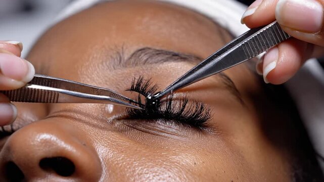 A beautician applies false eyelashes to a woman's eye. Expert hands carefully perform the eyelash extension procedure. Close-up of cosmetic beauty treatment.