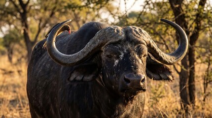 African Buffalo with Oxpecker Bird on Horn
