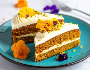 Two gourmet carrot cake slices with rich cream cheese frosting, vibrant edible flowers, and crunchy pistachios artfully presented on a bright teal plate