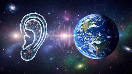 Digital human ear sending blue sound waves through space toward Earth