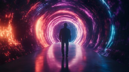 A lone figure walks towards a glowing, swirling tunnel of vibrant colors. The tunnel is filled with neon lights and a starry background.