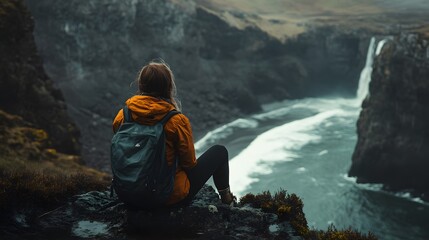 A lone hiker sits on a cliff overlooking a waterfall and the ocean.