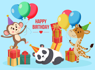 Obraz premium Happy birthday greeting card vibrant animals character balloons presents party festive vibe
