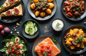 Assorted dishes prepared for a festive meal. Featuring salmon, fig tart, potatoes with meat, salad, and squash stew. A delightful spread for family dining.
