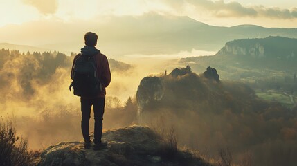 Fototapeta premium A lone hiker stands on a mountaintop, looking out at a misty valley and distant mountains, bathed in the golden light of sunrise.