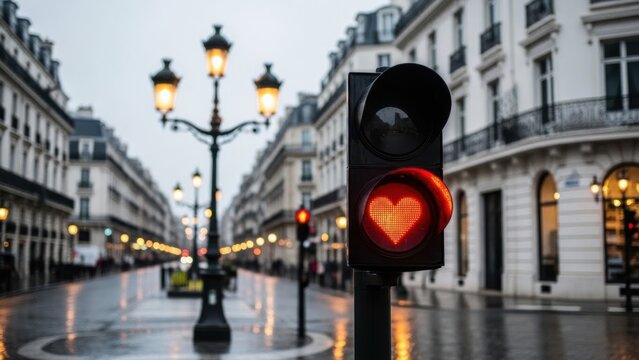 Romantic Parisian street scene with heart shaped traffic light