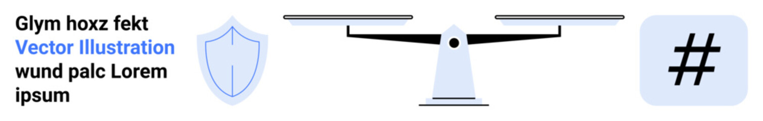 Obraz premium Simple balance scale for fairness, shield for security, and metadata tag for digital engagement. Ideal for justice, law, security, community, equality, technology simple landing page