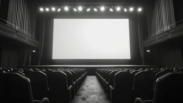 Movie theater empty and darkened, ready for a film or concert performance.
