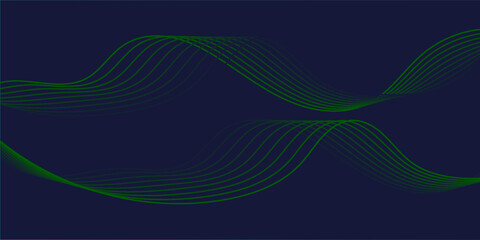Abstract Green Wave Lines on Dark Blue Technology Background