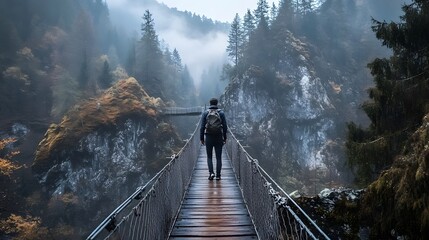 A lone hiker walks across a suspension bridge in a misty mountain valley.