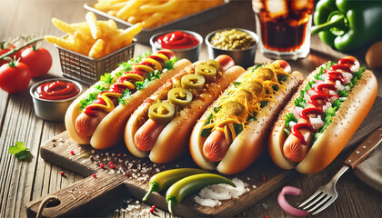 Tilted Perspective Hot Dogs with Unique Toppings and Crispy Bacon