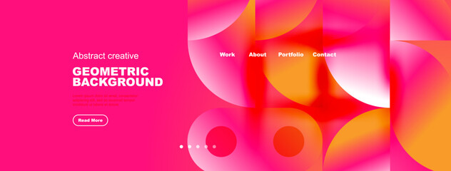 Bright pink website mockup features abstract geometric shapes, navigation menu, text elements, button. Modern design, vibrant colors.